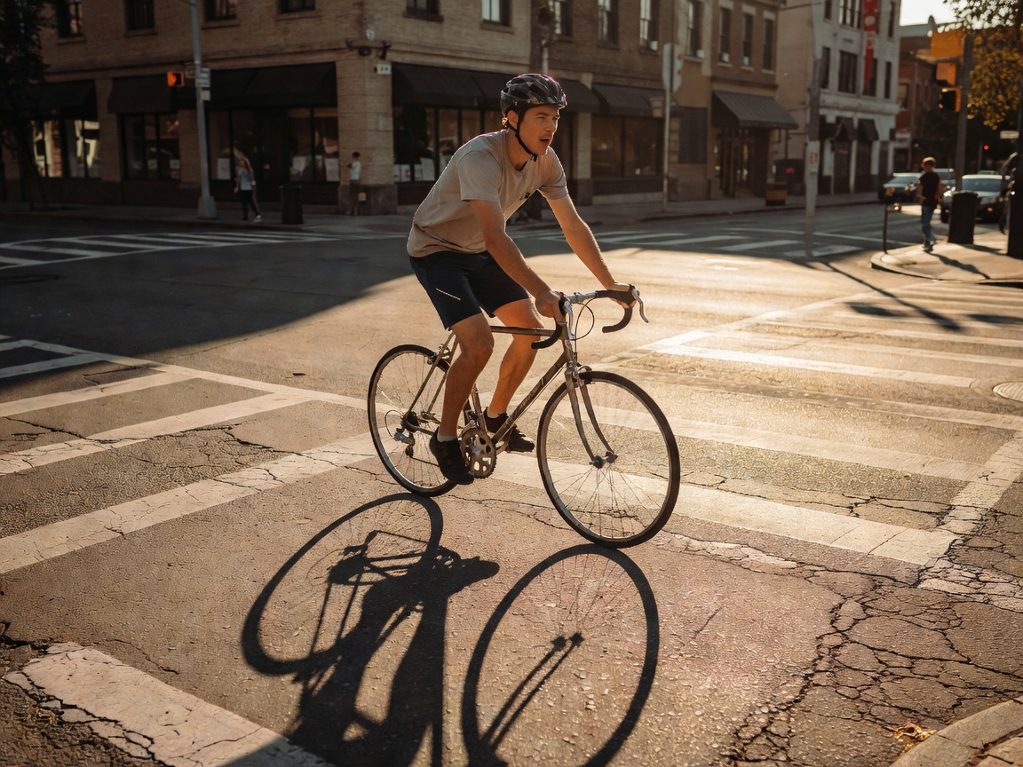 A cyclist crossing a sunlit city junction captured mid-motion beside long afternoon shadows