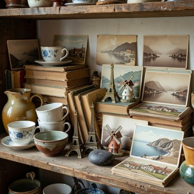 A wooden shelf crowded with vintage ceramics, postcards, travel souvenirs and paperback books