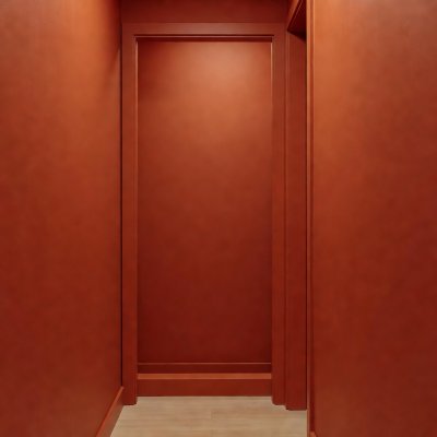 A small hallway painted entirely in warm terracotta, including walls, skirting and door frame