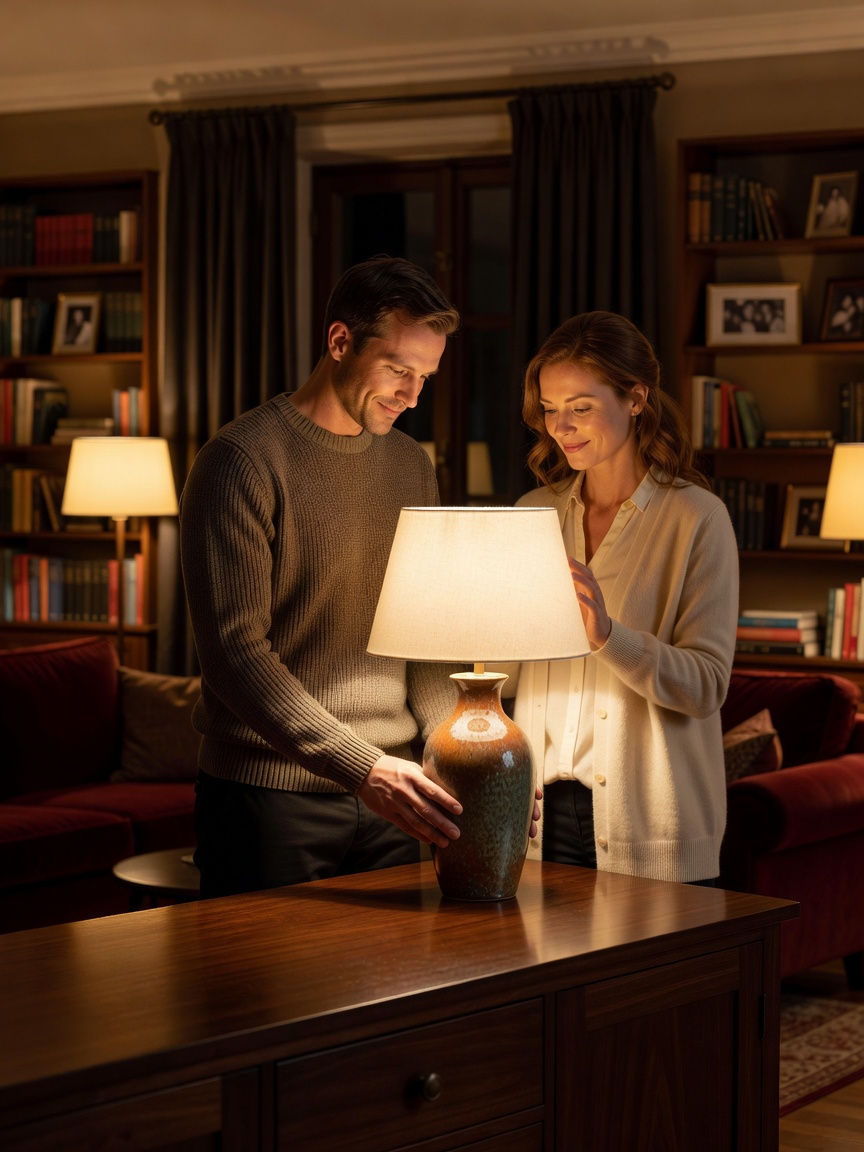 A couple arranging a ceramic table lamp on a sideboard in a warmly lit evening living room