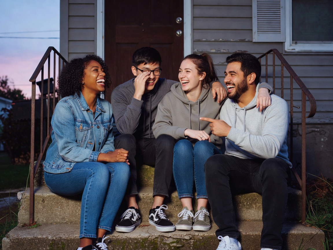 Friends laughing on a front step at dusk photographed with a bright direct camera flash