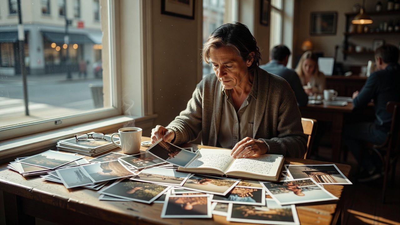 An editor sorting printed photographs and a handwritten notebook at a café table beside a bright window