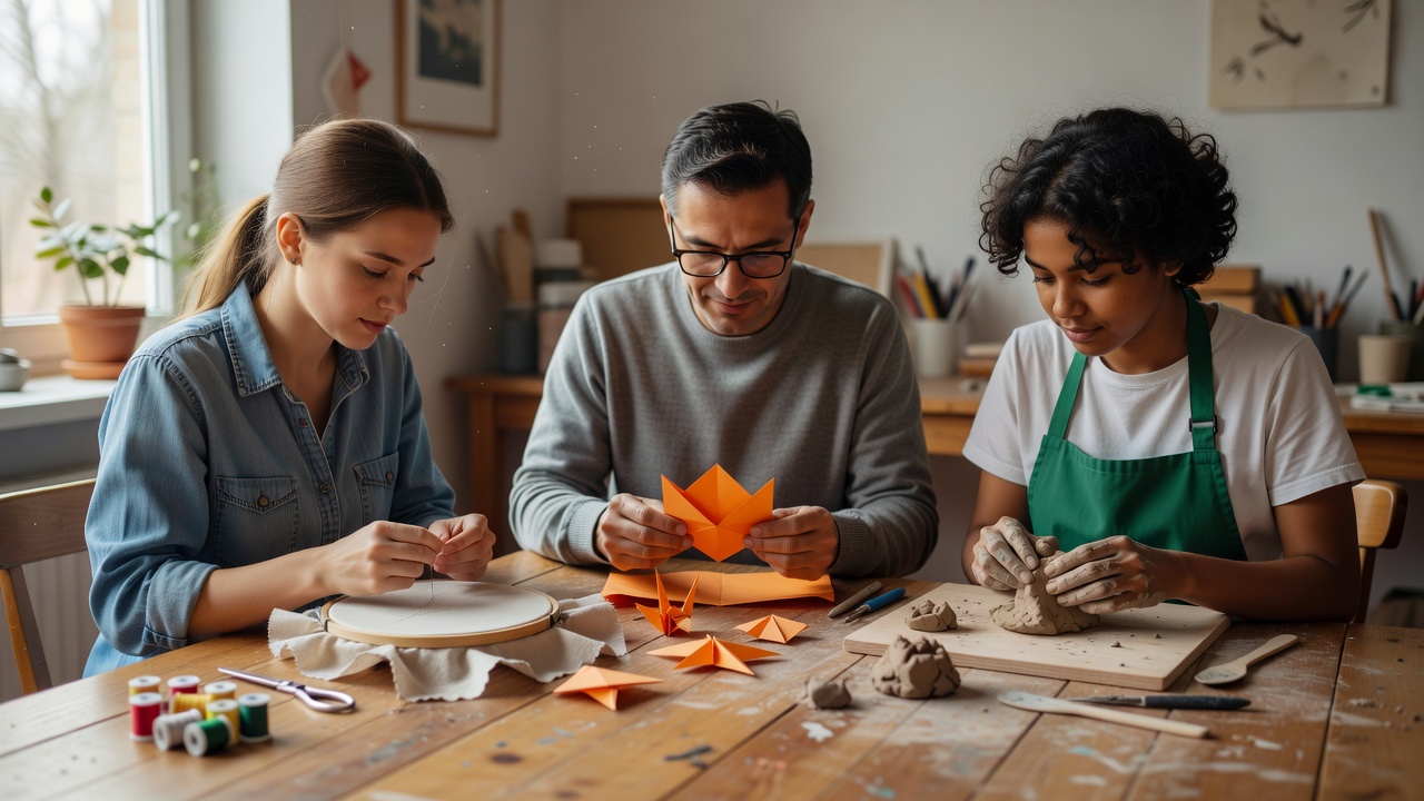 Three friends working on stitching, paper folding and clay at a shared wooden craft table in daylight