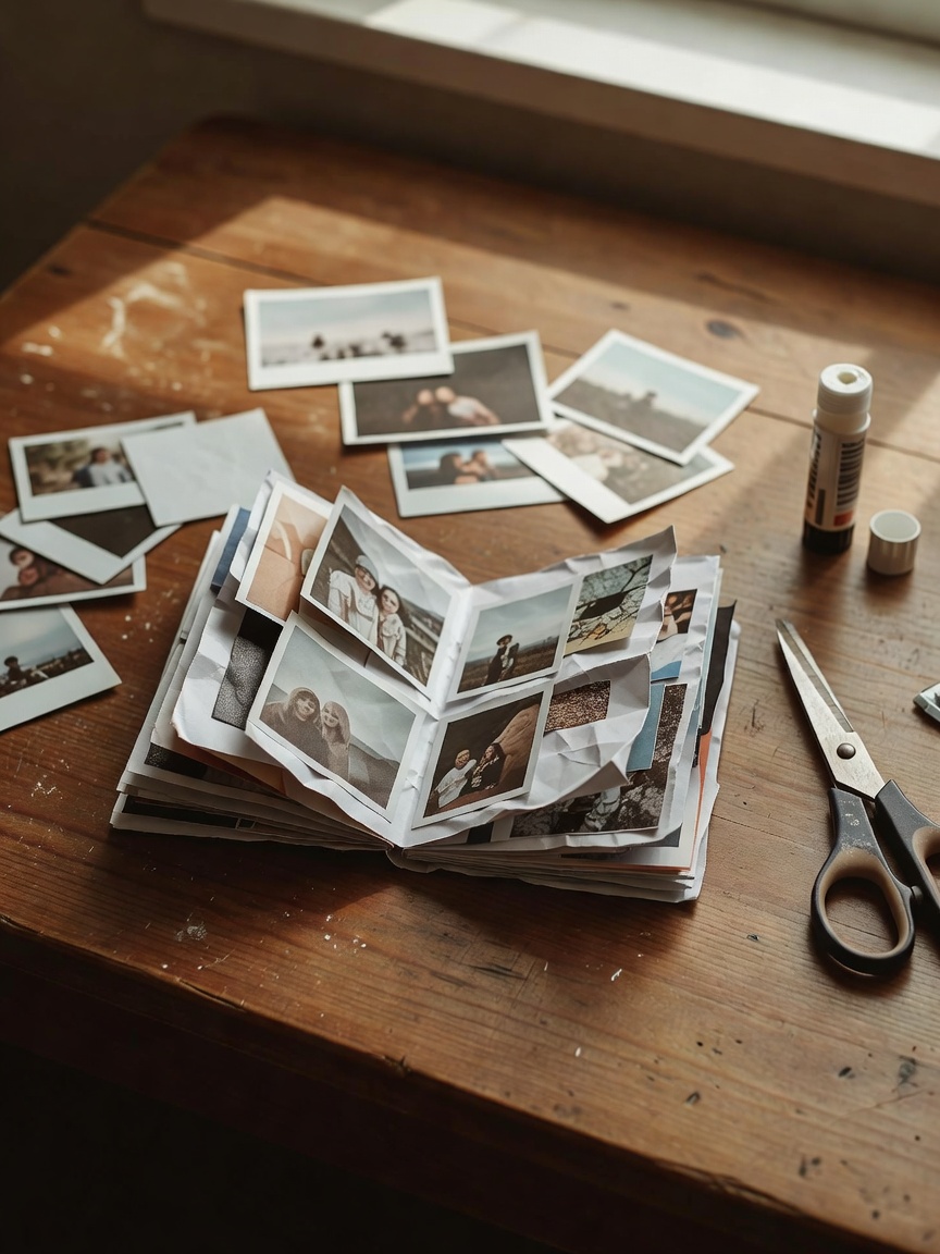 A handmade folded zine open on a desk beside small printed photographs, scissors and a glue stick