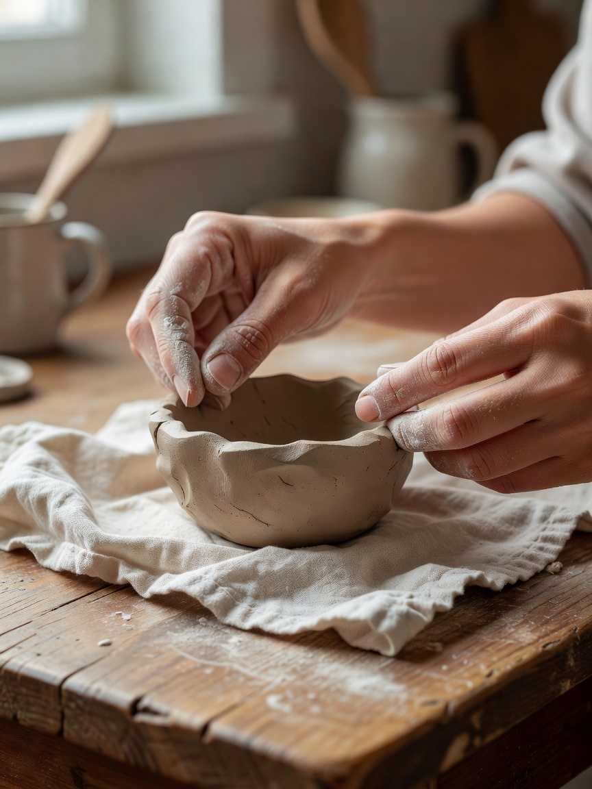 Hands pinching the rim of a small air-dry clay bowl on a cloth-covered kitchen table