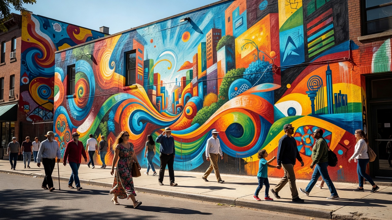 People walking past a large colourful painted mural on a busy neighbourhood street on a bright afternoon