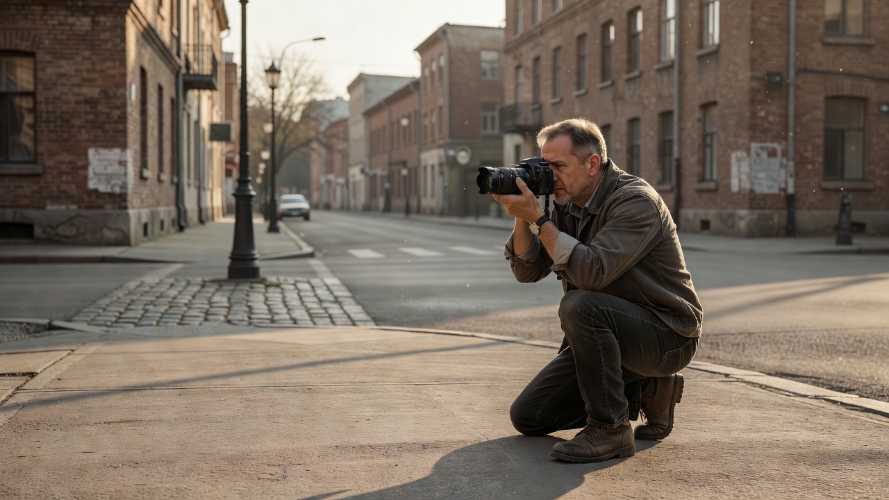 A photographer crouching on a pavement to frame a quiet street corner in soft afternoon daylight