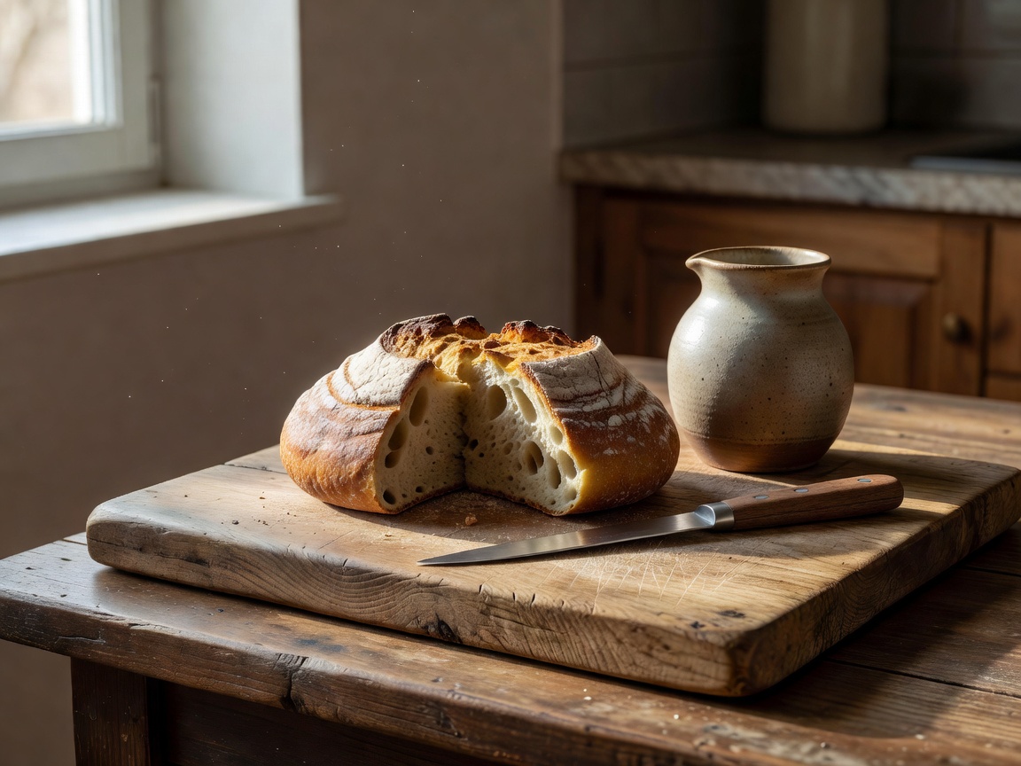 A loaf of bread, a knife and a jug arranged on a wooden board in a quiet kitchen still life