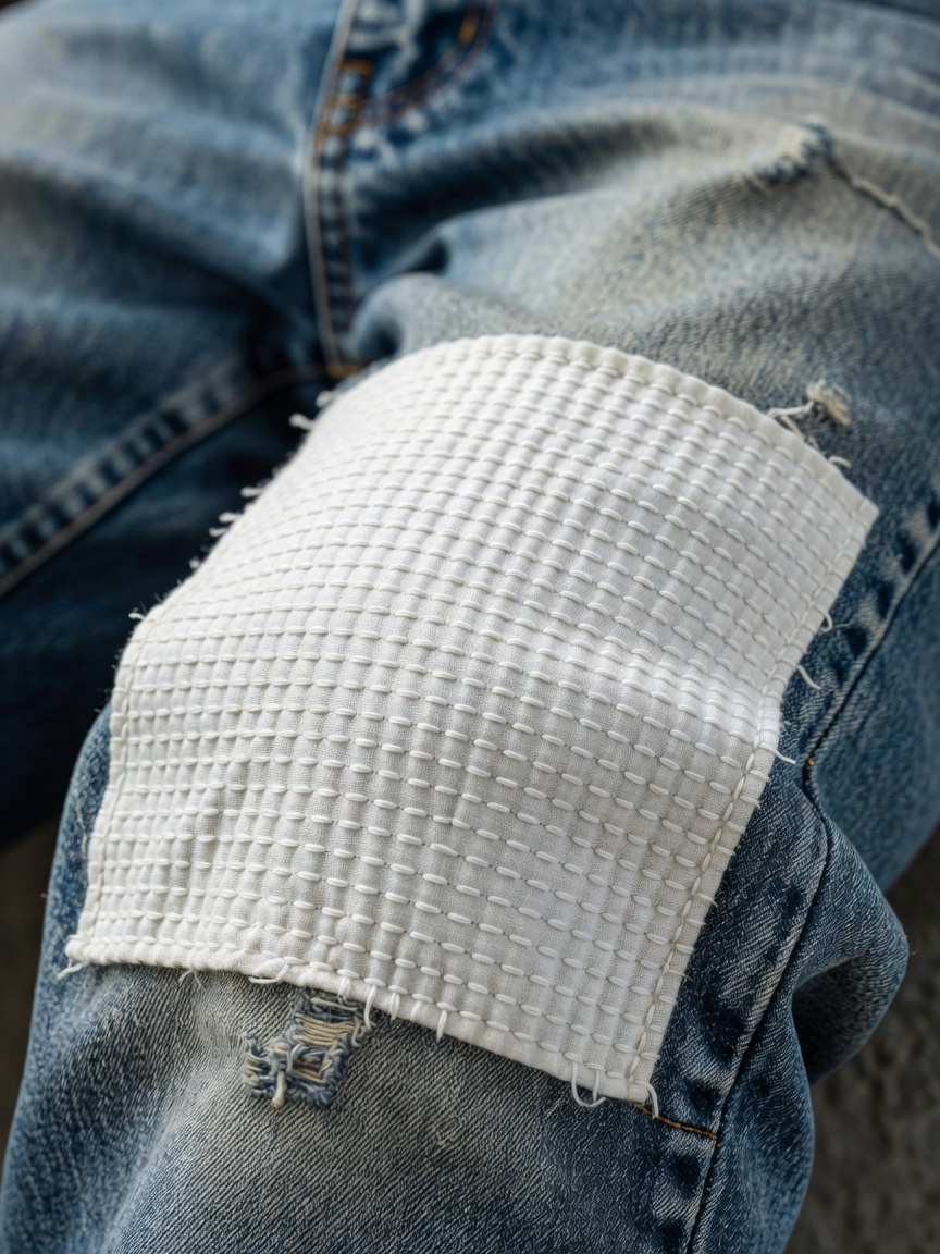 Close-up of white sashiko running stitches securing a patch on the knee of faded jeans