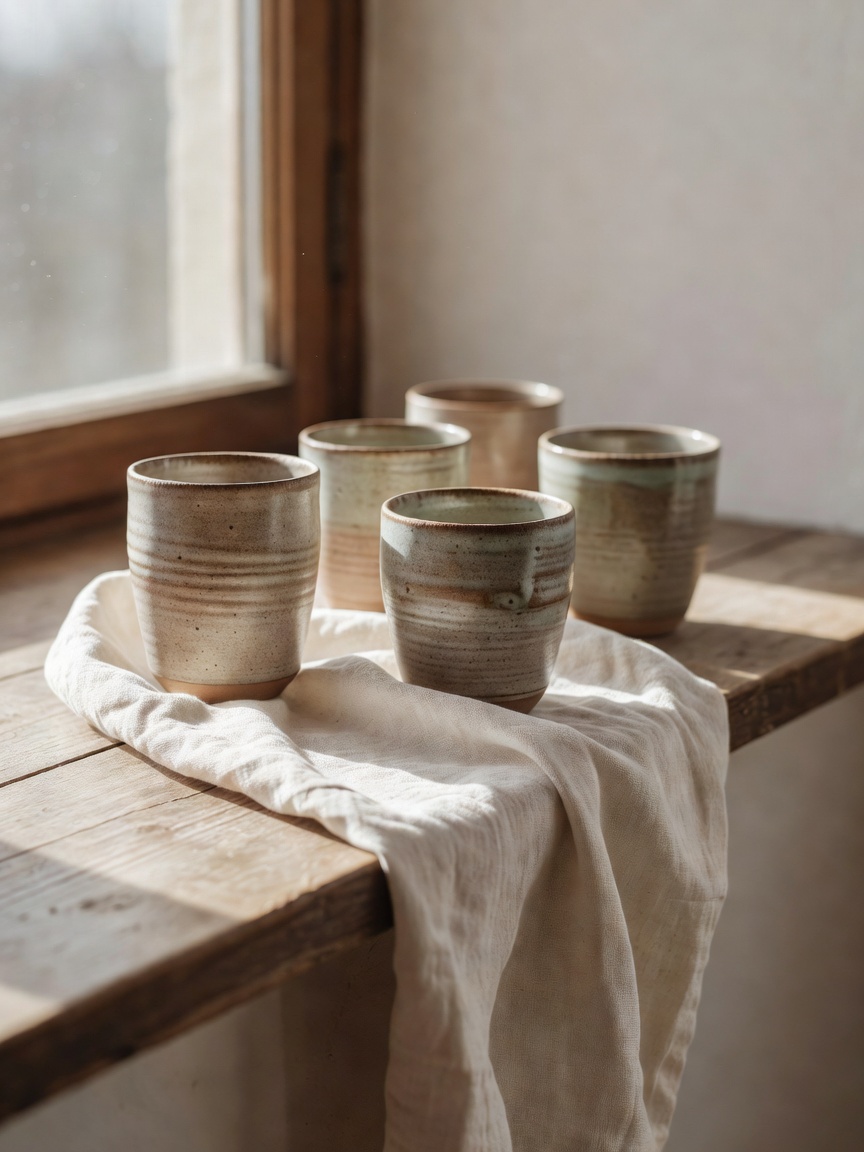 Handmade ceramic cups and a linen cloth on a windowsill, lit softly from the side by morning daylight