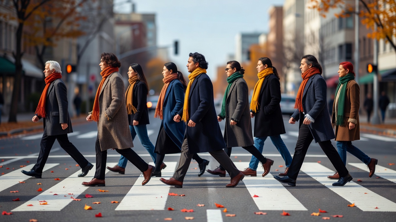 Commuters in layered autumn coats and scarves crossing a pedestrian crossing in natural daylight