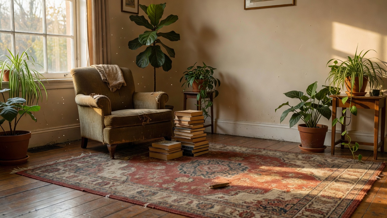 A sunlit living room with a vintage armchair, stacked books, rug and houseplants in a lived-in rented flat