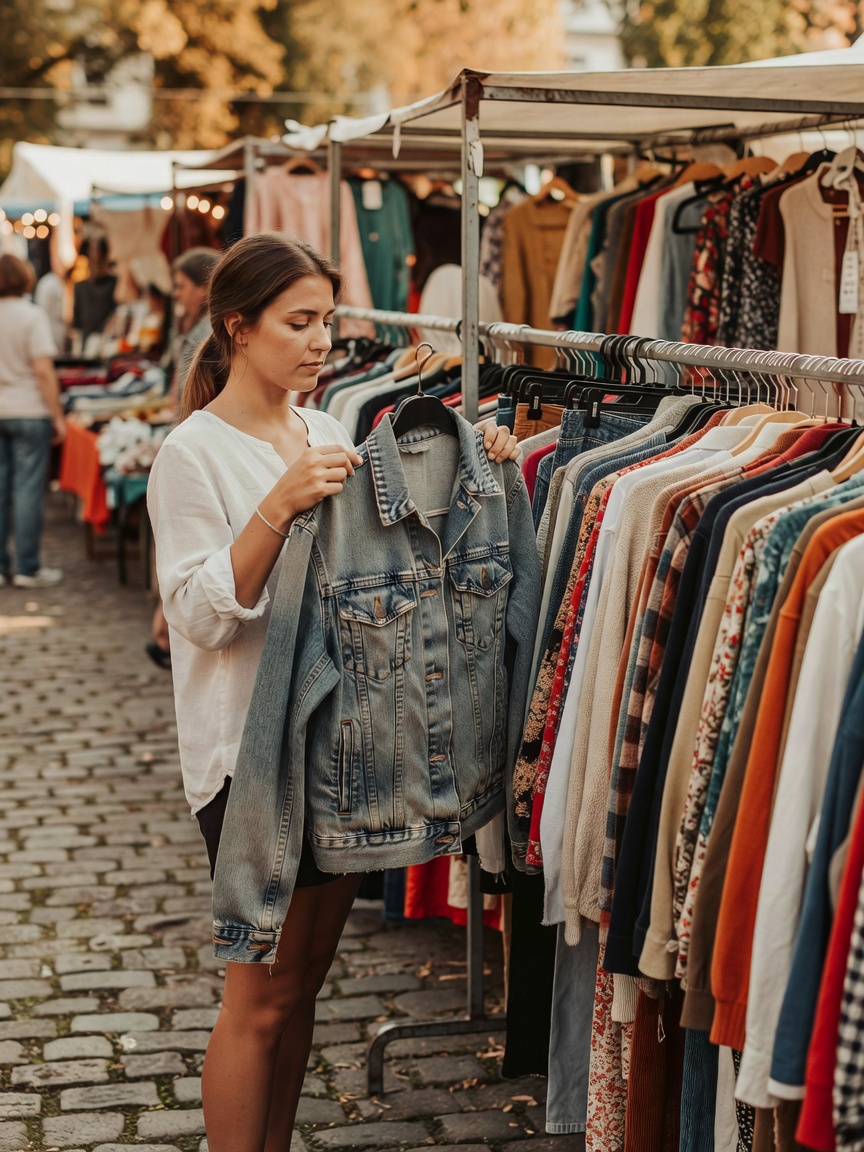 A woman holding up a vintage denim jacket while browsing a clothing rail at an outdoor market