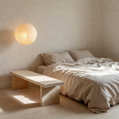A calm bedroom with linen bedding, a low wooden bench and a paper lantern lit by morning light